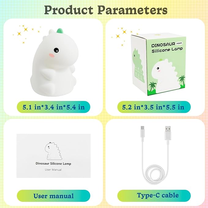 Dinosaur Night Light for Kids, Silicone Nursery LED Night Lamp with 30-Min Timer & 3 Levels Dimmable & Touch Sensor, Rechargeable Bedroom Nightlight for Mom's Night Helper