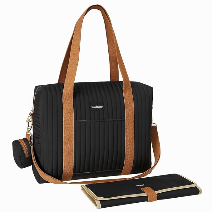 3-Piece Diaper Bag Tote Set with Changing Pad & Pacifier Case, Cotton Maternity Travel Bag (Medium - Black)