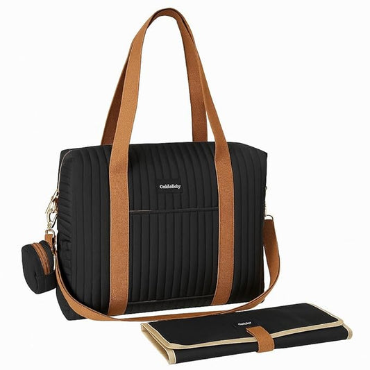 3-Piece Diaper Bag Tote Set with Changing Pad & Pacifier Case, Cotton Maternity Travel Bag (Medium - Black)