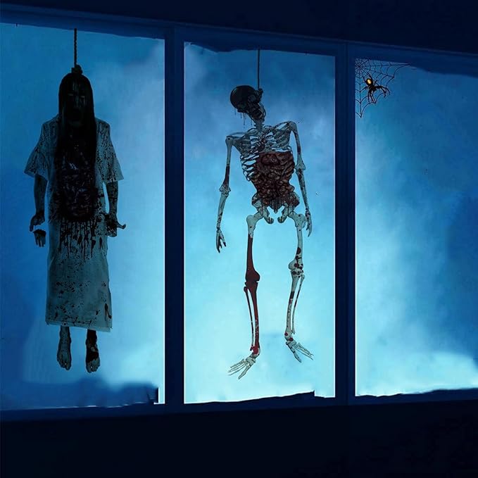 2 Sheets Halloween Window Clings Spooky Double-Sided Hang Bloody Female Ghost & Skeleton Designs Window Decals Decor for Halloween Home Office Party Glass Decoration Supplies