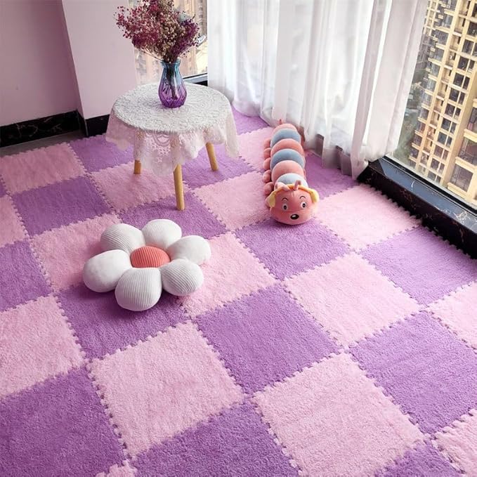 16pcs 0.6" Thickened Interlocking Tile Mats,Fluffy Shaggy Soft EVA Foam Area Rug for Living Room & Bedroom,Non-Slip Protective Floor Carpet Play Mat Kids Baby Dorm Home Decor (11.8ft, Purple)