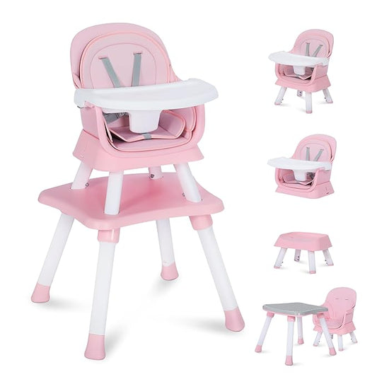 8 in 1 Baby Highchair, Convertible High Chair for Babies and Toddlers, Booster Seat w/5-Point Safety Belt, Toddler Building Block Table, Dishwasher Safe Tray, No Tool Install, Pink