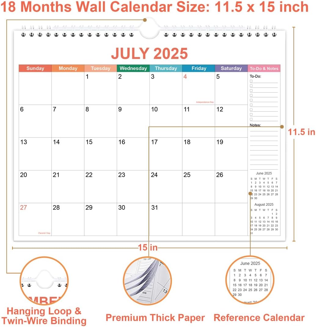 Calendar 2025-2026 - Wall Calendar from September 2025 to December 2026, 2025 Calendar with Premium Paper, Twin-Wire Binding & Hanging Hook, 11.5" x 14.5", Colorful
