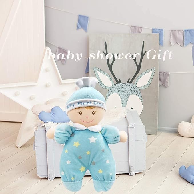 June Garden 9" My First Doll Noah - Soft Plush Baby Doll with Rattle - Baby Blue Outfit