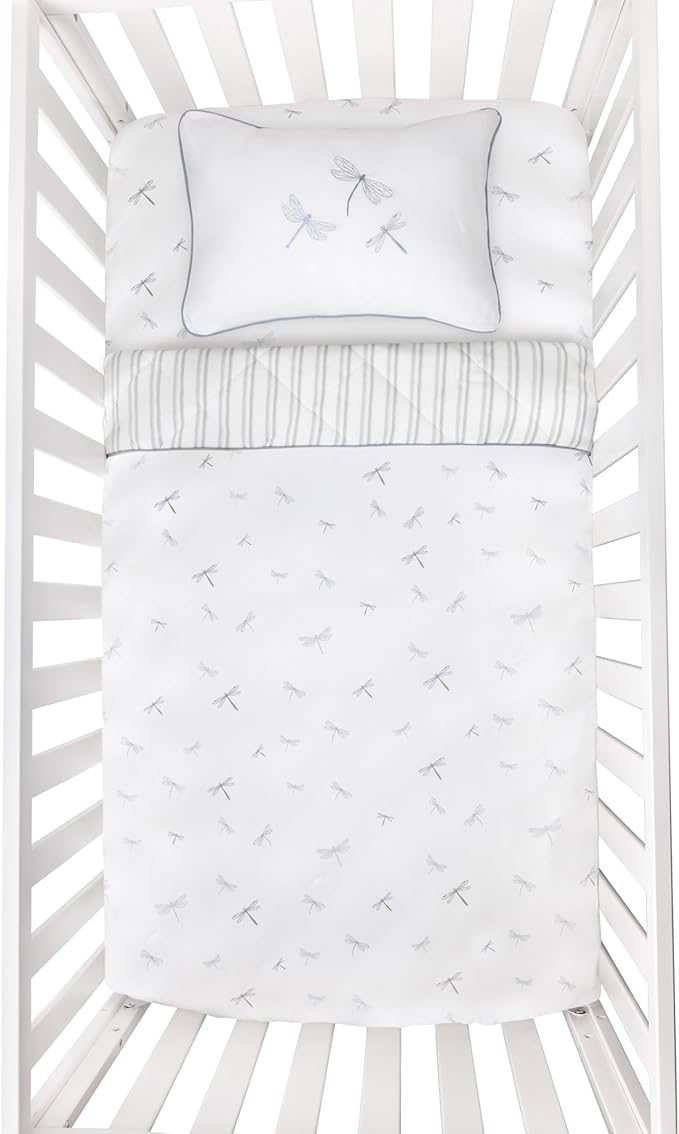 Ely's & Co. Mini Crib Bedding Set for Boys, 4 Piece Set - 1 Fitted Mini Crib Sheet, Quilted Comforter and Decorative Pillow, Blue Dragonfly + Stripe Collection