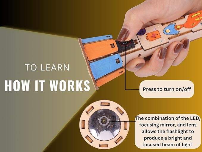 DIY Wooden Flashlight STEM Kit for Kids Aged 8-12 | Battery-Operated Educational Science Experiment Kit with Built-in Switch