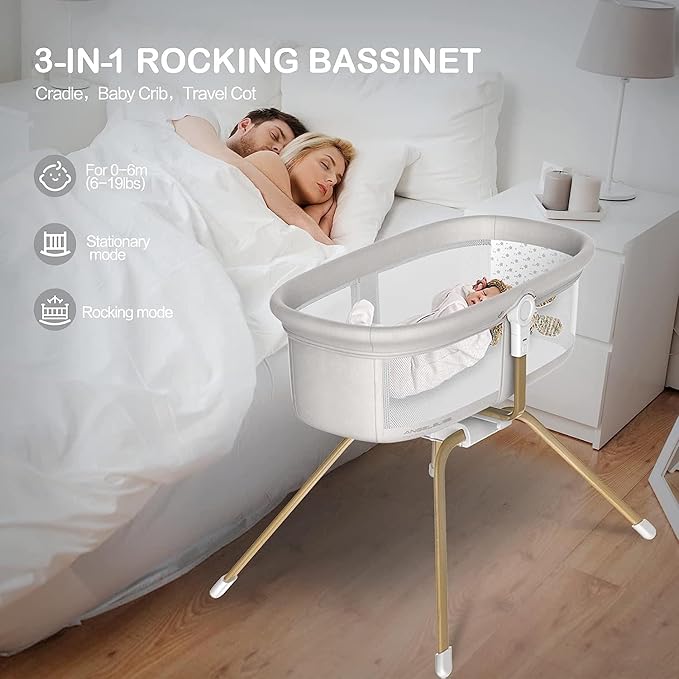 ANGELBLISS 3 in 1 Baby Bassinet, Rocking Bassinets Bedside Sleeper, One-Second Convert Travel Portable Bassinet Newborn Baby (White)