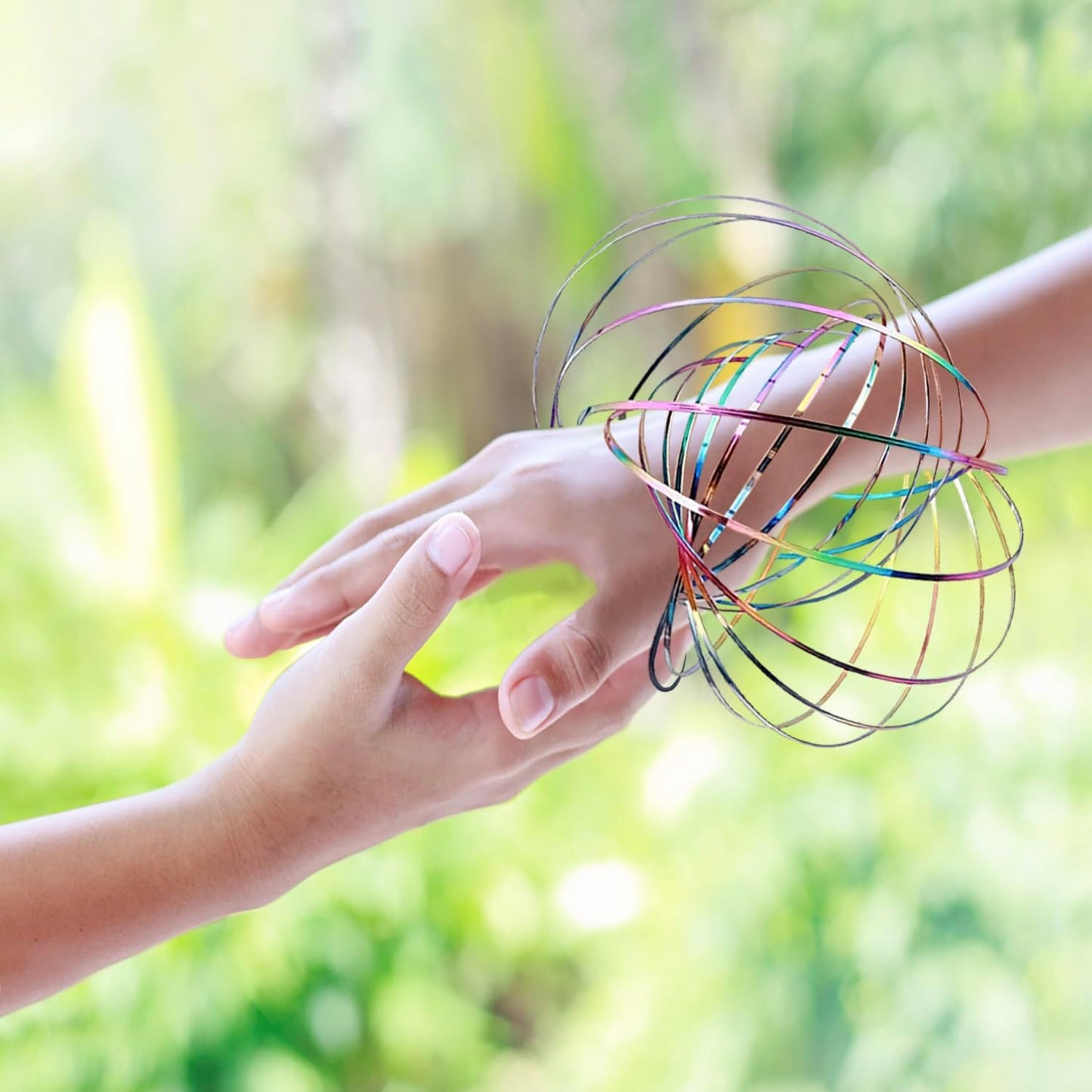 Jishi Flow Ring Magic Bracelet Fidget Arm Spinner Toy - Stainless Steel Metal Spiral Spinning Rings - Rainbow Iridescent