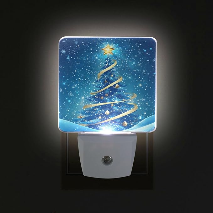 Aslsiy Night Light for Kids Blue Snow Christmas Tree Plug in Wall Lamp LED Dusk to Dawn Sensor Energy Saving Nightlight for Boys Girls Men Women
