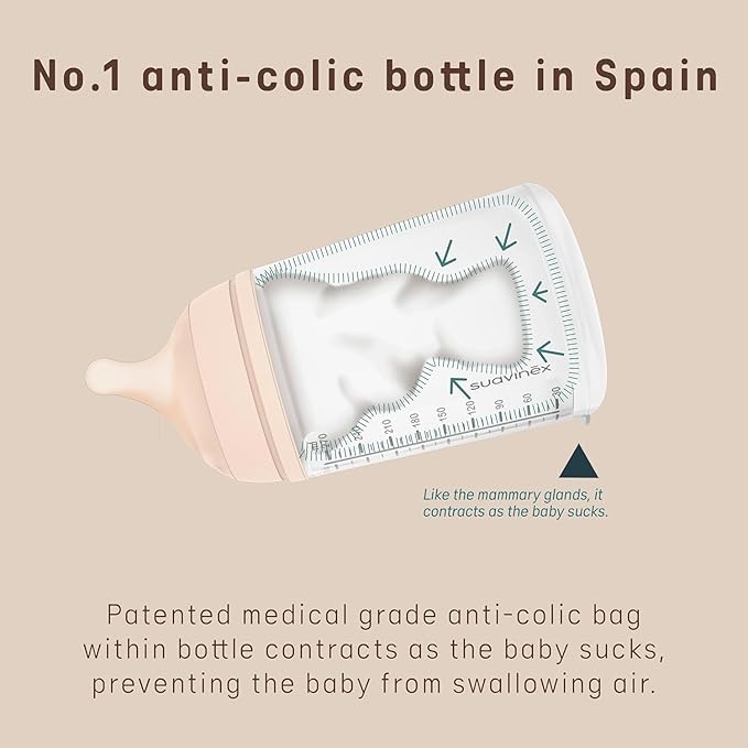 Suavinex Zero Zero Anti Colic Baby Bottle, No 1 Spanish Baby Bottle Brand, Minimizes Bottle Rejection & Nipple Confusion, Perfect for Breastfeeding Babies, 6oz/180mL, Deep Tone, Adaptable Flow Nipple