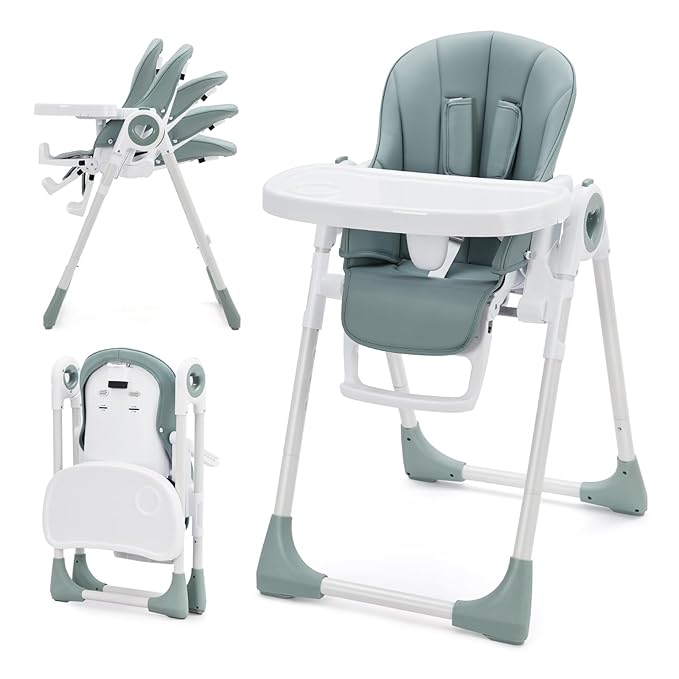 Foldable High Chairs for Babies and Toddlers, Adjustable Infant Baby Chair with Removable Tray and Non-Slip Foot Pads, Highchair for Children Aged 6 to 36 Months, Green