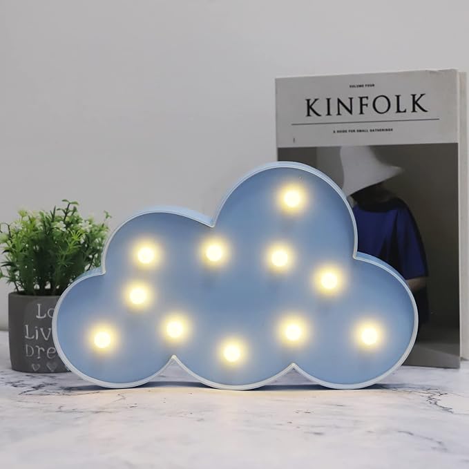 Blue LED Cloud Marquee Signs, Light Up Cloud Decorative Signs Hanging Hole Nursery Room Night Light for Baby Shower, Party Supply, Christmas Decor-Blue