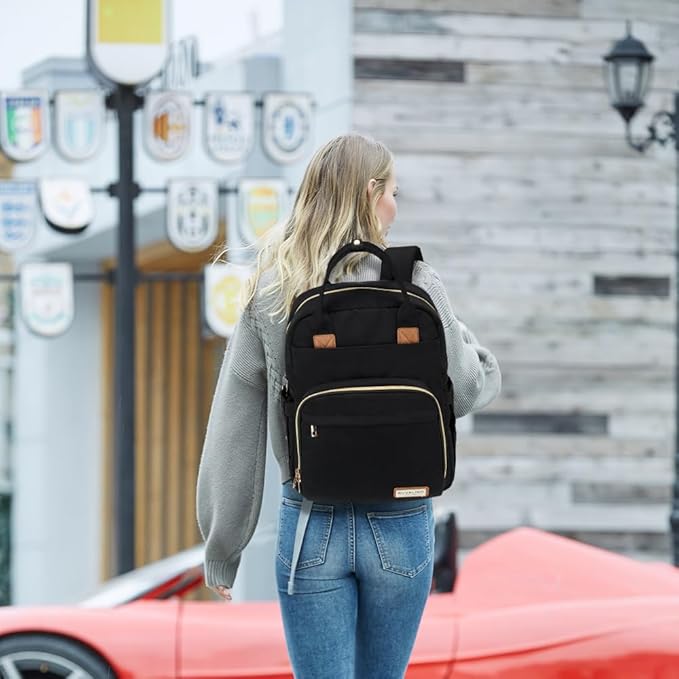 RUVALINO Diaper Bag Backpack, Multifunction Travel Pack Maternity Baby Changing Bags, Large Capacity, Waterproof, Deep Black, Polyester