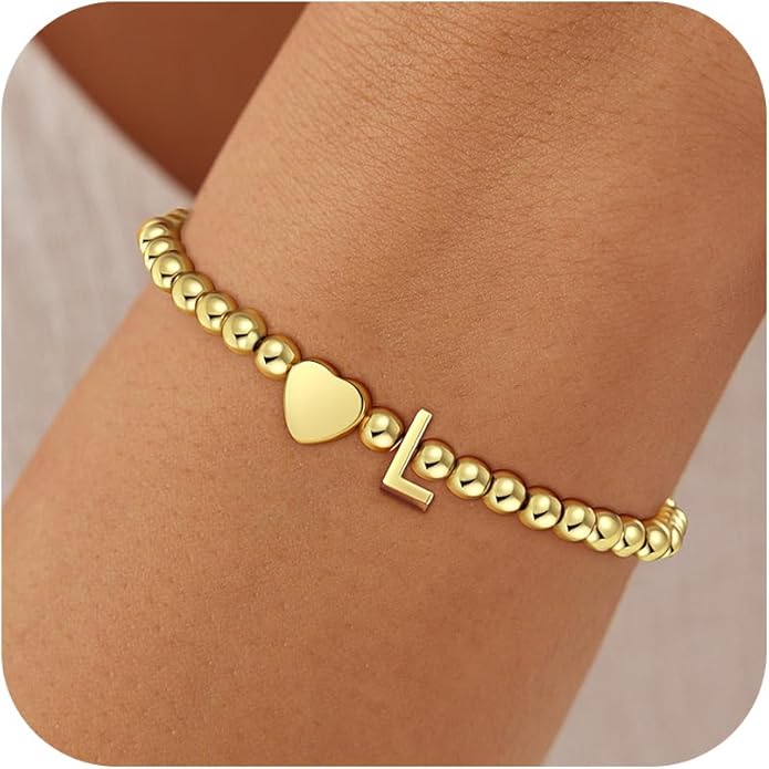 Gold Initial Bracelets for Women Girls - 18K Gold Plated A-Z Heart Initial Bracelet Dainty Beaded Bracelet Gold Bracelets for Women Teen Girl Gifts Trendy Stuff