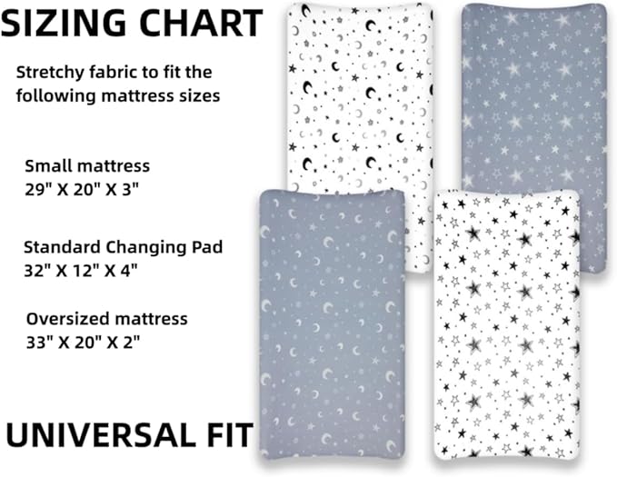 4 Pack Star and Moon Neutral Unisex Fitted Baby Sheets Set for Baby Boys or Girls (Changing pad Cover)