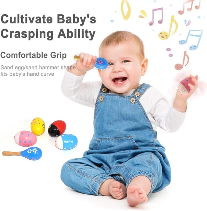 Wooden Easter Eggs Shakers Toys, Maracas Kids Hand Percussion Shakers Percussion Musical for Party Favors Kids Easter Basket Stuffers, 4 Pack Easter Eggs with 2 Shaker Sand Hammer Kit