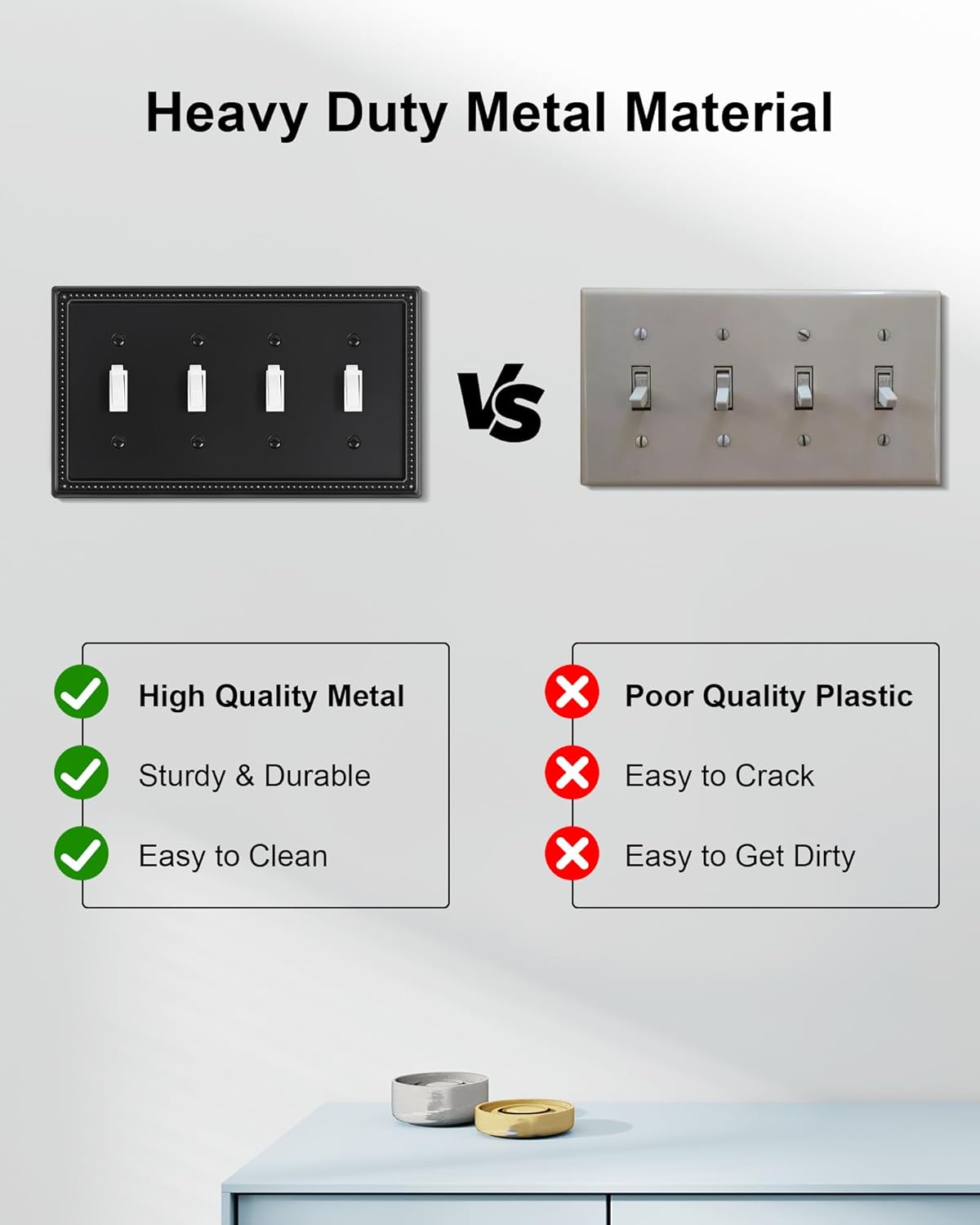 2-Pack Quad Toggle Light Switch Cover Plate, 4 Gang Metal Switch Plate Covers, Black Pearls Decorative Wall Plate, Corrosion Resistant