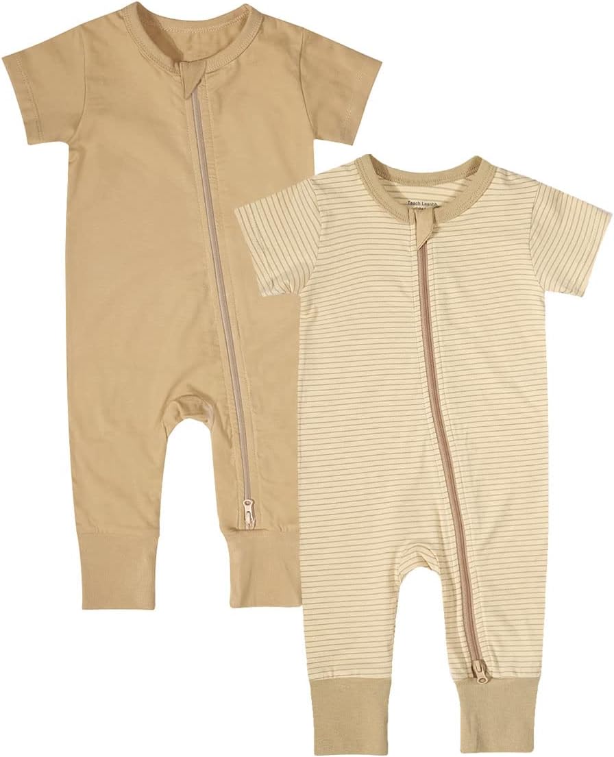 Teach Leanbh Baby Boys Girls 2-Pack Romper Jumpsuits Cotton 2 Way Zipper Short Sleeve Footless Sleep and Play 3-24 Months