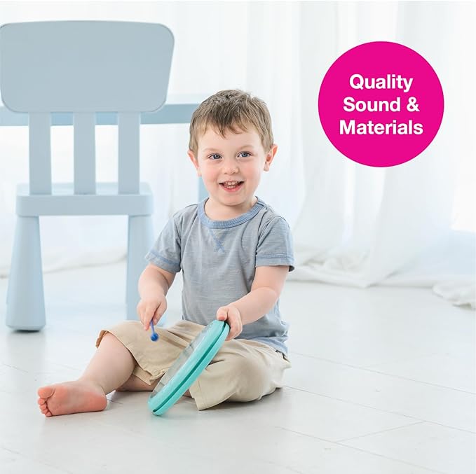 Edushape Classic Flat Drum for Baby with Easy-Grip Mallet - Set of 1 Blue Color Baby Drum Toy for Toddlers, 2-Year Old and Up - Small Drums Musical Toy for Babies, Fun Tummy Time, Sensory Development