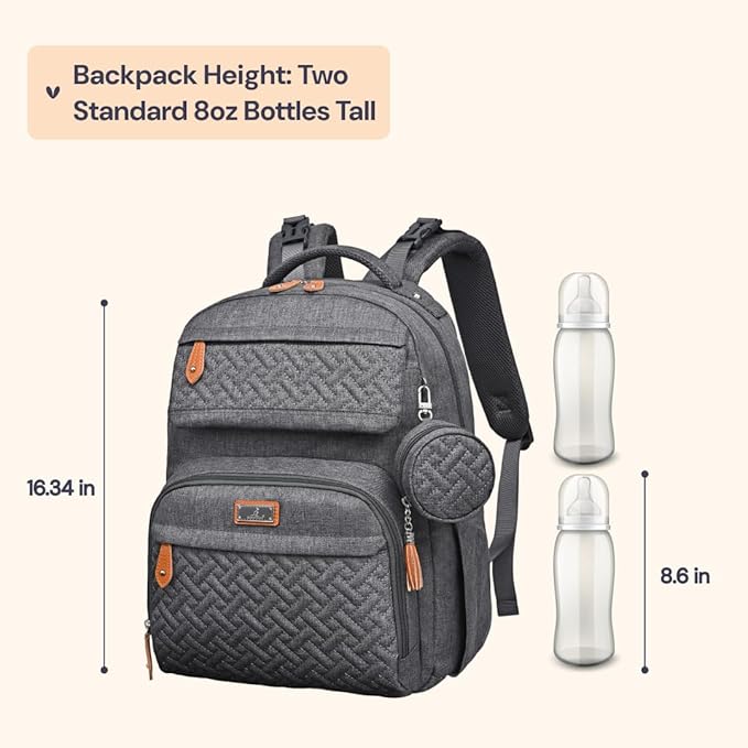 BabbleRoo Diaper Bag Backpack, Travel Backpack with Changing Pad, Pacifier Case & Stroller Straps, Multifunction, Waterproof, Unisex - Dark Gray