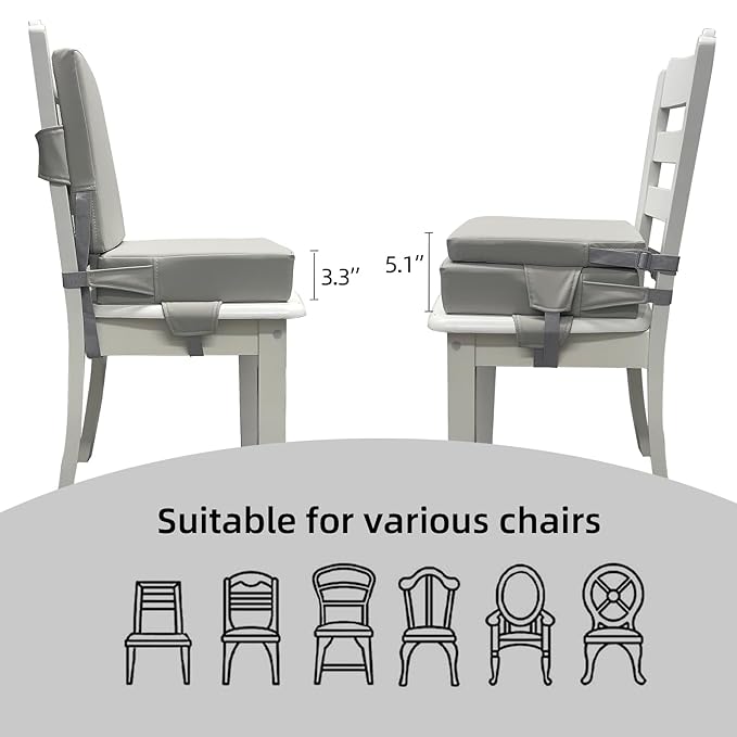 Booster Seat for Dining Table, PU Anti-Scratch Easy Cleaning Kids Toddler Booster Seat for Table, Portable Travel Increasing Cushion for Chair - Light Grey