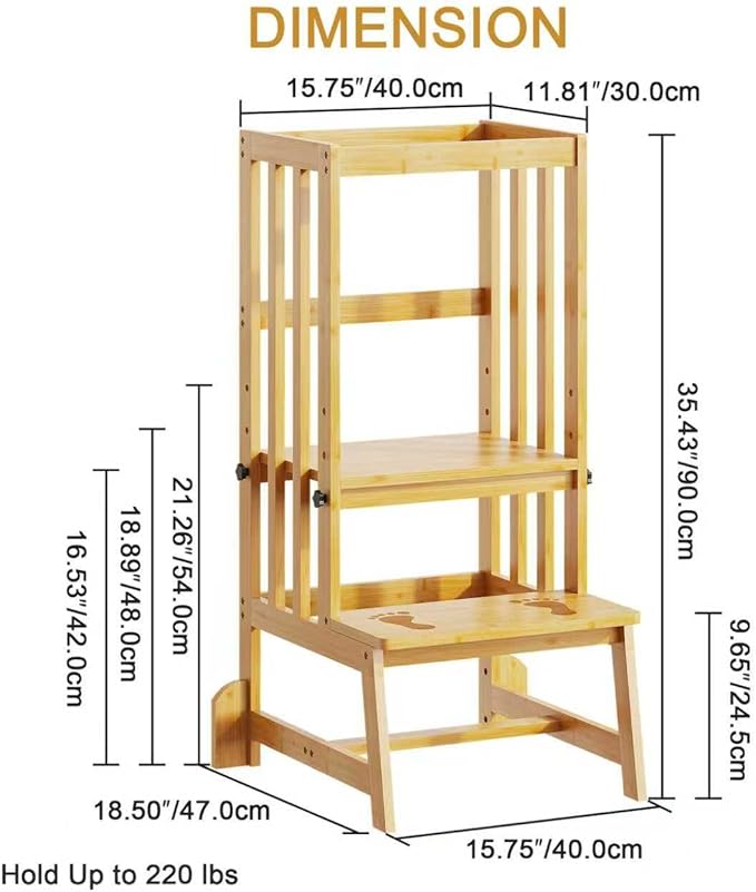 Kids Kitchen Step Stool, Toddler Standing Tower Adjustable Height with Anti-Slip Feet, Toddlers Learning Step Stool Helper for Kitchen Counter or Bathroom Sink, Natural Bamboo
