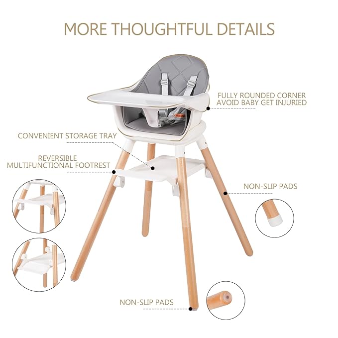 6 in 1 Baby High Chair, Convertible Wooden High Chairs/Booster Seat for Babies and Toddlers, Baby Feeding Chair with 5-Point Harness/Double Removable Tray & Adjustable Footrest (Grey)