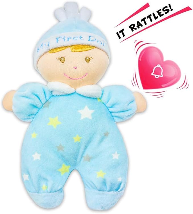 June Garden 9" My First Doll Noah - Soft Plush Baby Doll with Rattle - Baby Blue Outfit