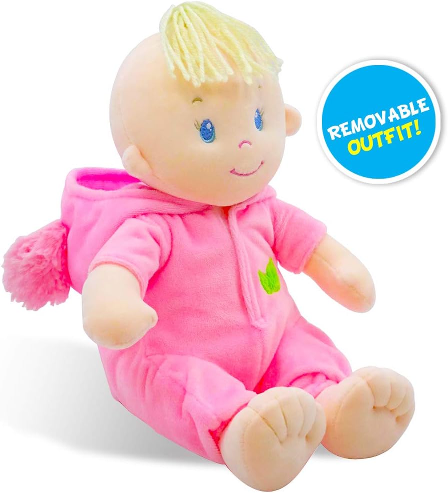 June Garden 12" Sweet Dolly Frida - Stuffed Ultra Soft Baby Bear Doll for Birth and Up - Removable Pink Outfit