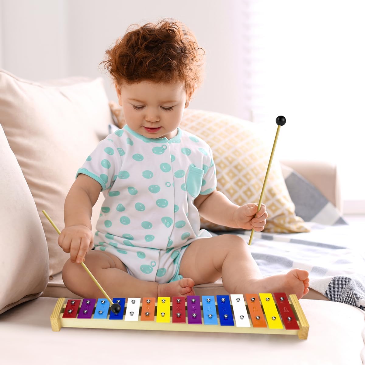 15 Tone Natural Wooden Xylophone Glockenspiel for Kids Toddler with Multi-Colored Metal Bars, Music Instrument for Preschool Educational Learning Toys for Children Boys Girls