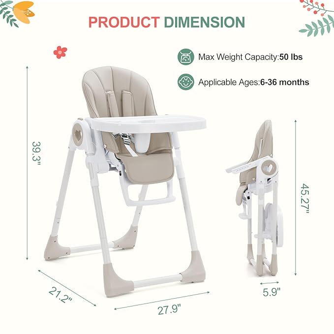 Foldable High Chairs for Babies and Toddlers, Adjustable Infant Baby Chair with Removable Tray and Non-Slip Foot Pads, Highchair for Children Aged 6 to 36 Months, Grey