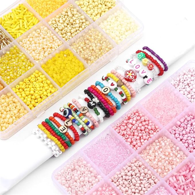 15 Color 4mm Small Assorted Glass Seed Beads,3mm Bugle Beads Friendship Bracelet Kit,2mm Tiny Tube Bead for Jewelry Making(Yellow)