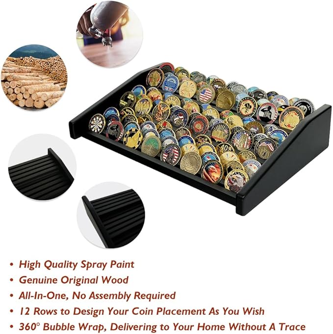 12-Row Wooden Challenge Coin Display Holder for Countertop - 3-Tier Military Coin Rack Stand Holds 90-100 Coins - Coin Display Case for Army Police Collectors, Black