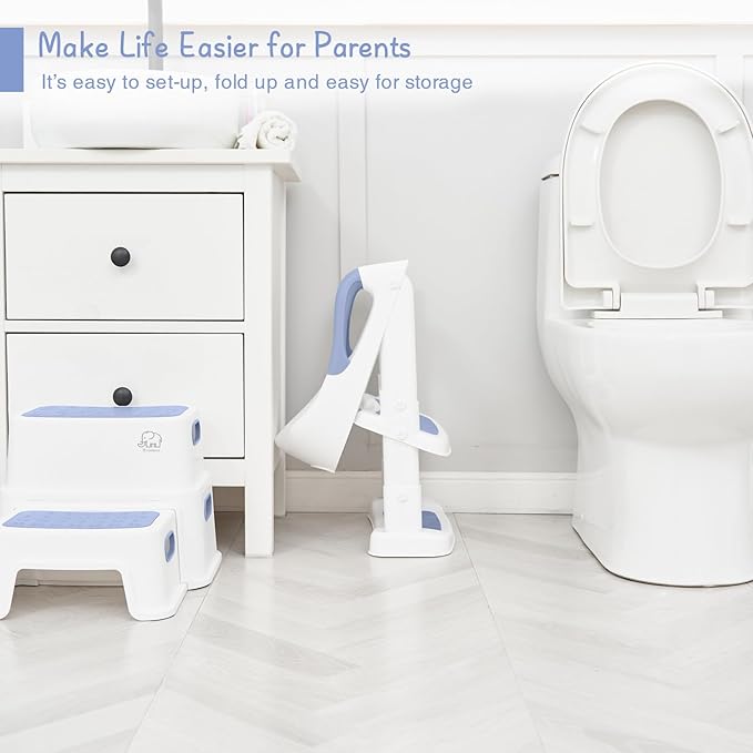 Forbena Blue Toddler Boys Toilet Potty Training Seat with Step Stool Ladder, Baby Child Kids Adjustable Height Sturdy Potty Seat with Soft Cushion and Comfortable Handles (White and Blue)