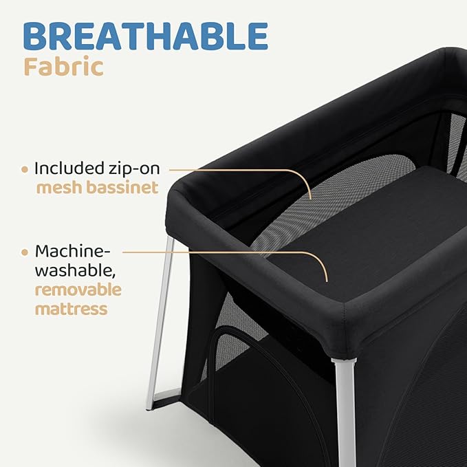 HARPPA Travel Crib with Comfy Mattress, Lightweight Portable Crib Requires No Assembly, Foldable Pack and Play for Baby and Toddlers, Compact Play Yard with Bed,Black