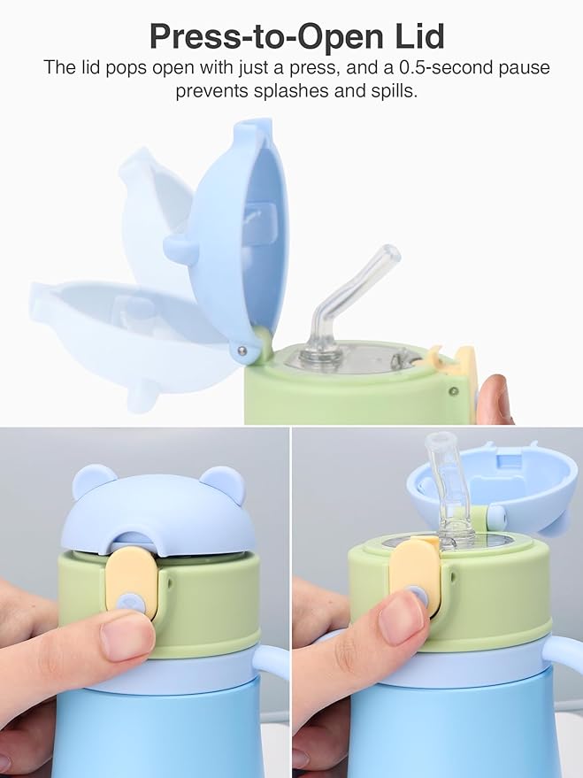 12oz Kids Insulated Water Bottle Double-Wall Vacuum Kids Water Bottle with Hygiene Silicone Straw Blowout-Proof Lid Insulated No BPA Durable Stainless Steel