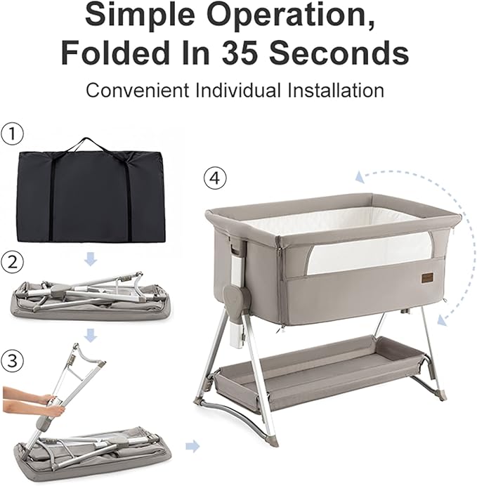 Bassinet, Bedside Sleeper for Baby, Rocking Cribs Newborn Infant Sleeping Bed, Portable Foldable Baby Travel Bed with Mattress, Height Adjust, Suit for 0-6M Bassinet (Khaki)