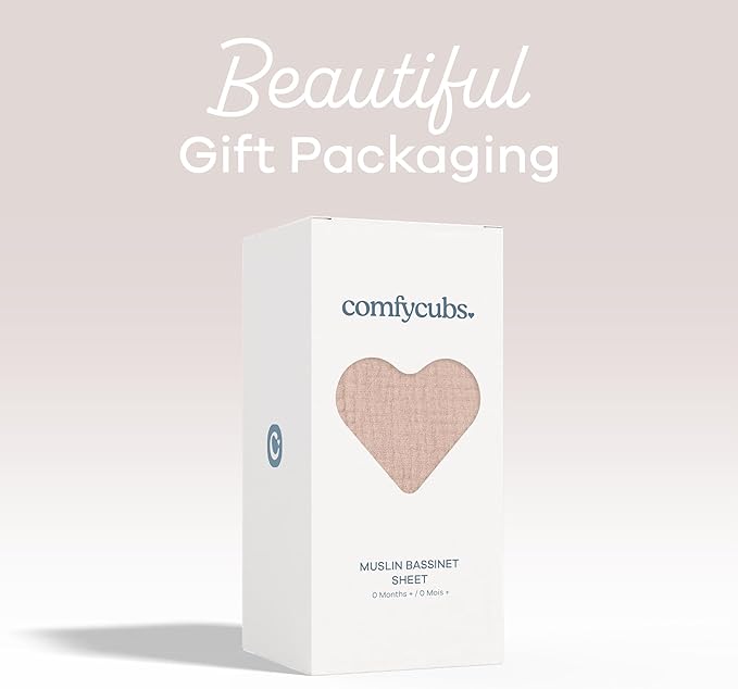 Comfy Cubs Muslin Bassinet Sheet - 100% Soft Cotton Fabric, Breathable & Gentle for Baby’s Sensitive Skin - Universal Fit with Secure Elastic Edging, Gift-Ready Packaging - Blush
