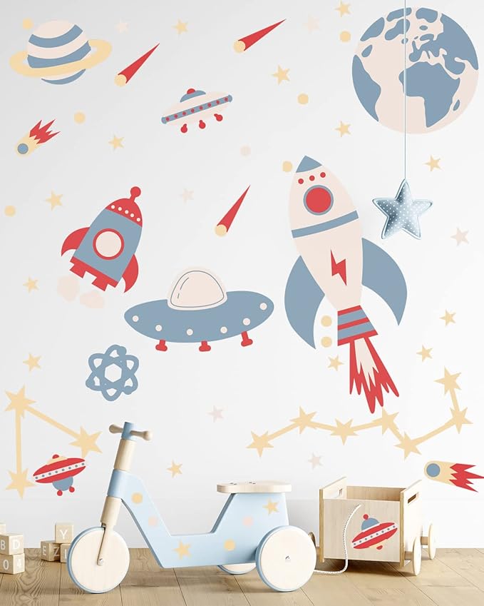 Space Peel and Stick Decals Rocket Planets Stars Wall Sticker Removable Vinyl Decals for Nursery Kids Room Girls Boys Bedroom Playroom Wall Decor