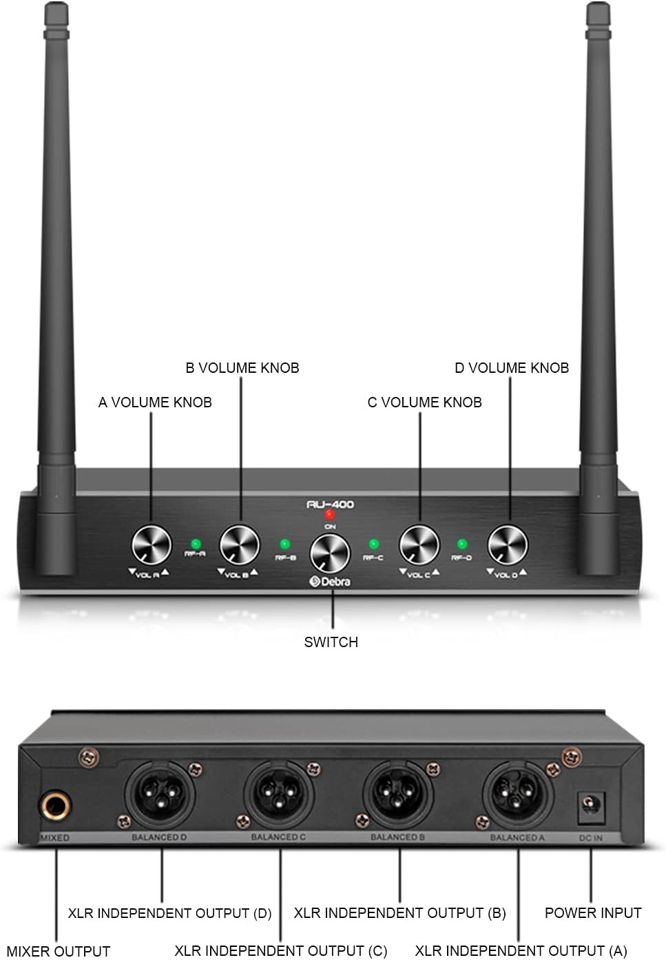 D Debra Audio AU400 Pro UHF 4 Channel Wireless Microphone System with Cordless Handheld Lavalier Headset Mics, Metal Receiver, Ideal for Karaoke Church Party (with 4 Bodypack (B))