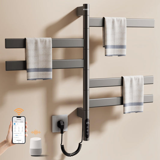 ENZE Smart Rotating Heated Towel Rack for Bathroom, Wall-Mounted Electric Towel Dryer with Swivel Bars, Smart Timer, Low Carbon Steel, IPX5, Plug-in/Hardwired, Towel Warmer with Wi-Fi App Control