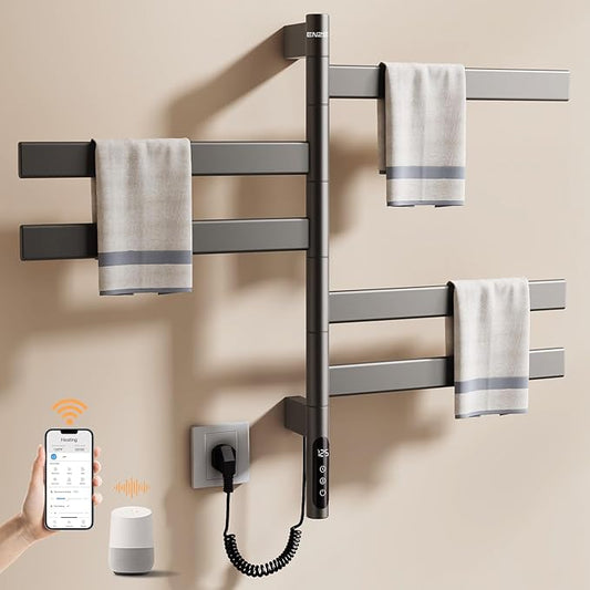 ENZE Smart Rotating Heated Towel Rack for Bathroom, Wall-Mounted Electric Towel Dryer with Swivel Bars, Smart Timer, Low Carbon Steel, IPX5, Plug-in/Hardwired, Towel Warmer with Wi-Fi App Control