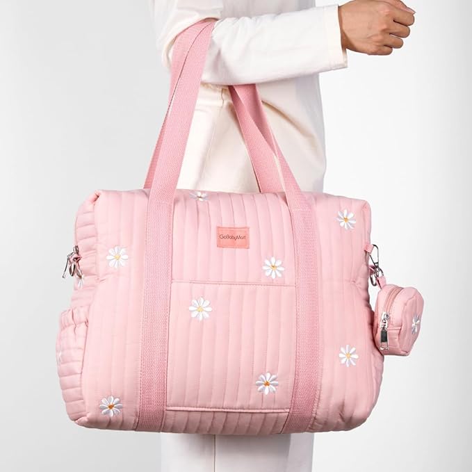 Large Diaper Bag Tote, Maternity Bag, Travel diaper tote, Multifunction baby bag, Baby Nappy Bags, Messenger bag (Medium - Pink Flowers)