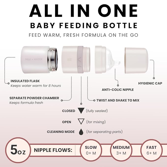 MILK & WATER All in One Baby Bottle & Baby Formula Dispenser On The Go, 5oz - Keeps Water Warm & Formula Fresh - Baby Formula Mixing Bottle with Anti Colic Nipple - Leak-Proof - 3+ Months (Pink)