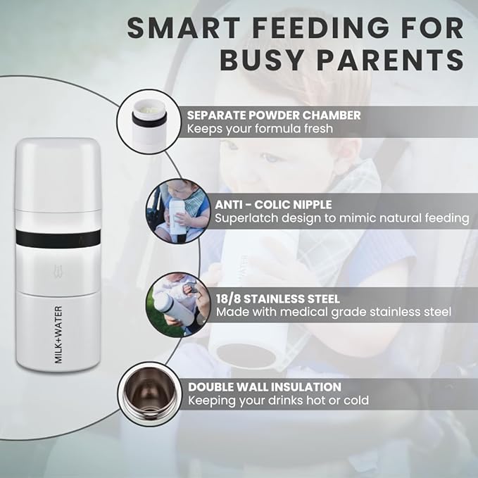 MILK & WATER All in One Baby Bottle & Baby Formula Dispenser On The Go, 5oz - Keeps Water Warm & Formula Fresh - Baby Formula Mixing Bottle with Anti Colic Nipple - Leak-Proof - 3+ Months (White)