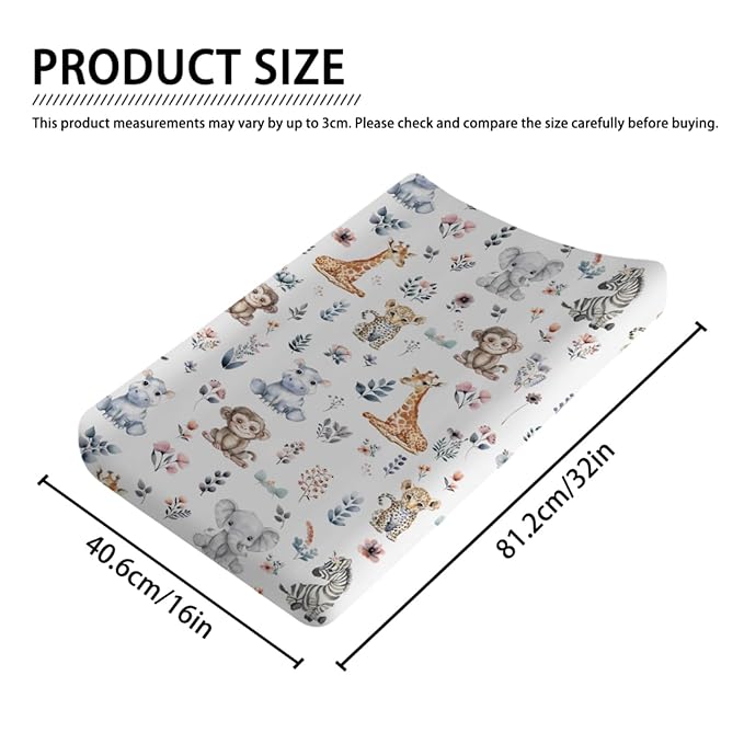Jungle Safari Animals Boho Floral Changing Pad Covers Zoo Leopard Elephant Giraffe Zebra Hippo Monkey Baby Change Table Cover for Boy Girl Soft Stretch Fitted Diaper Changing Pad Sheet Mats 32''x16''