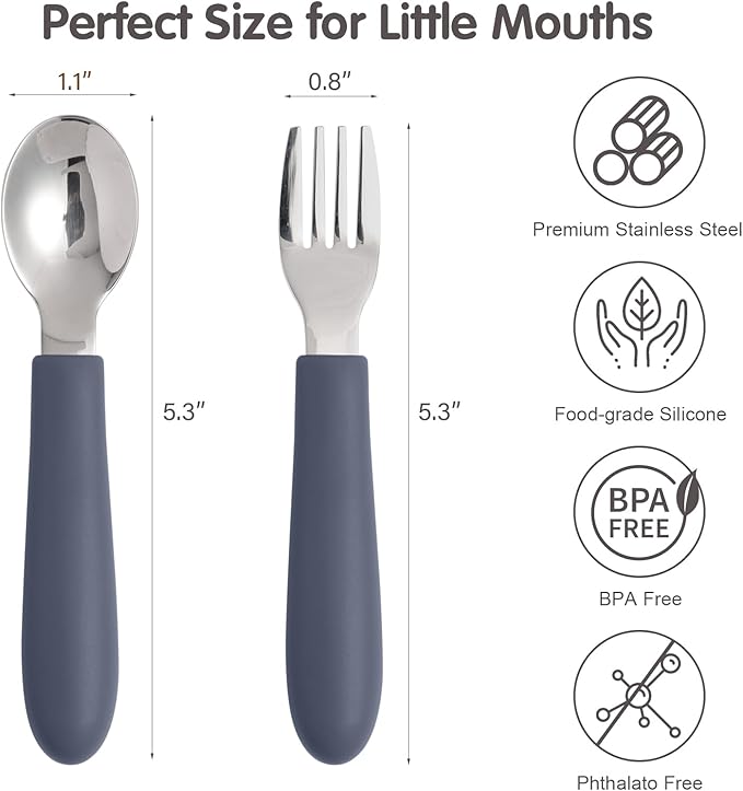 6 Pack Toddler Utensils, Kids Silverware Set with Silicone Handle, Children Safe Forks and Spoons, 18/8 Stainless Steel, Food Grade Silicone Feeding Supplies, Dishwasher Safe