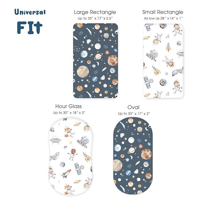 Stretchy Ultra Soft Fitted Bassinet Sheet Set 2 Pack, Universal Fit for Bassinets Baby Cradle Moses Basket Oval Rectangle Mattress Safe and Snug, Space Stylish Print