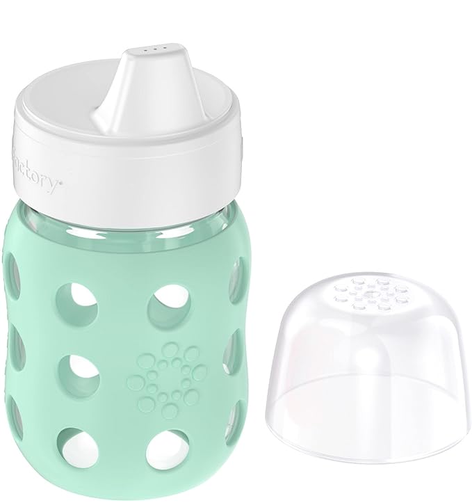Lifefactory 8-Ounce Wide Neck Glass Baby Bottle with Protective Silicone Sleeve and Hard Sippy Spout, Mint (LG2221WMI4)