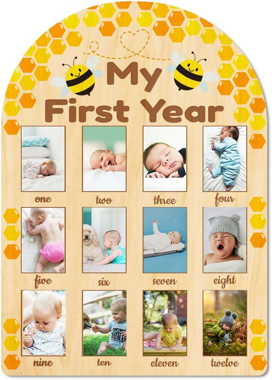 ORIGACH My First Year Baby Growth Photo Display Wood Board - 12 Months Newborn Milestones Photo Board - Neutral Baby Keepsake Board 1st Birthday Party Nursery Decor New Mom Gift - Bee